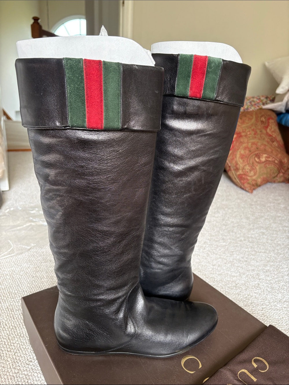 Gucci Black Leather Over-the-Knee Boots with Green and Red Web Trim